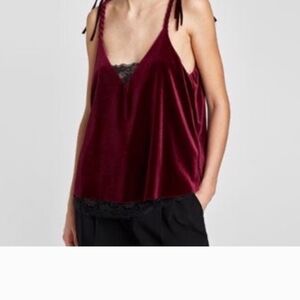 Zara Wine Red Velvet Camisole with Lace Trim